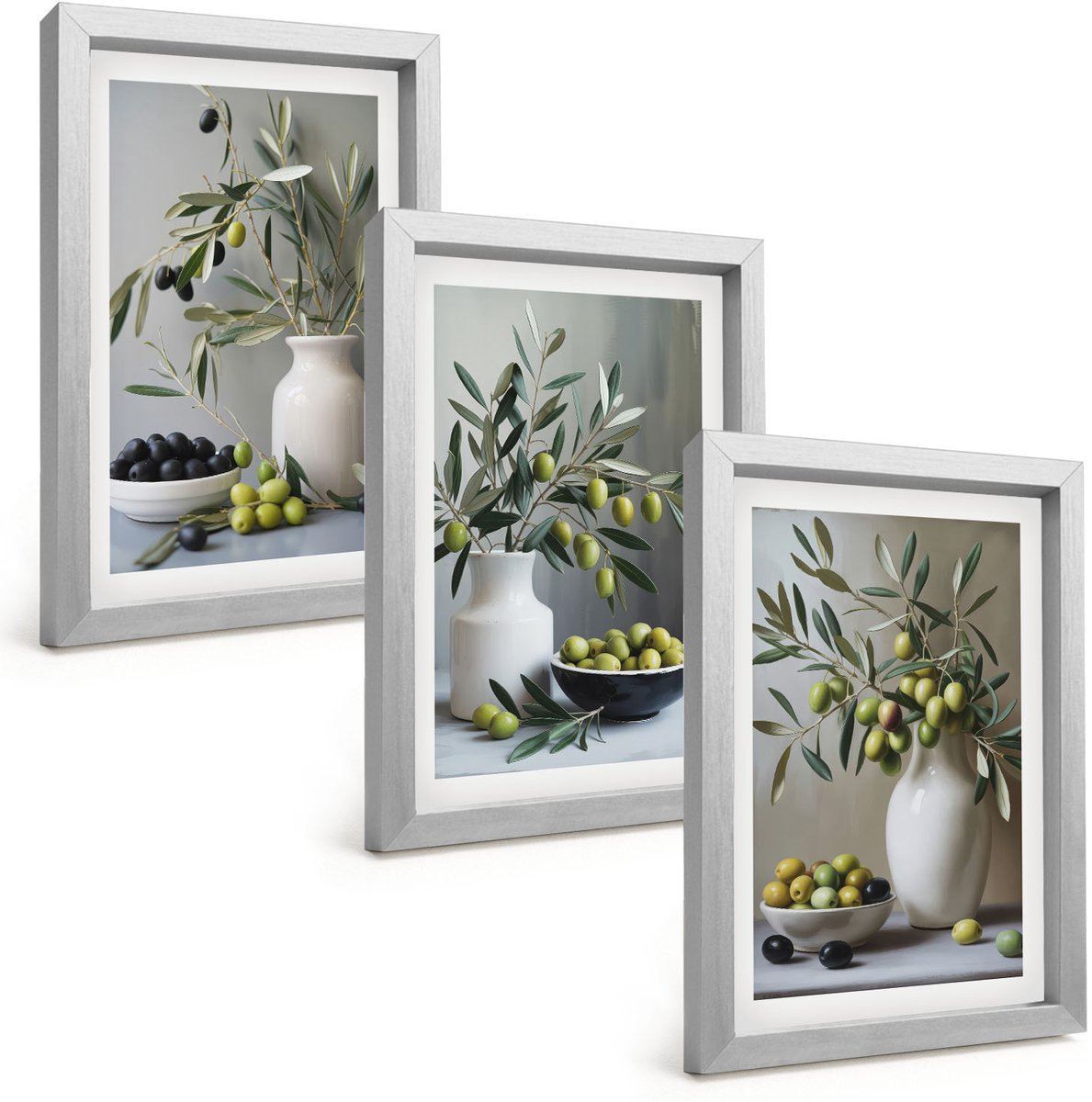 Tulup 4-Delige Schilderij Set - Olijven in vazen ​​met takken op een grijze achtergrond - 20 x 30 cm - Stijlvolle Muurdecoratie - Kantoor - Wanddecoratie