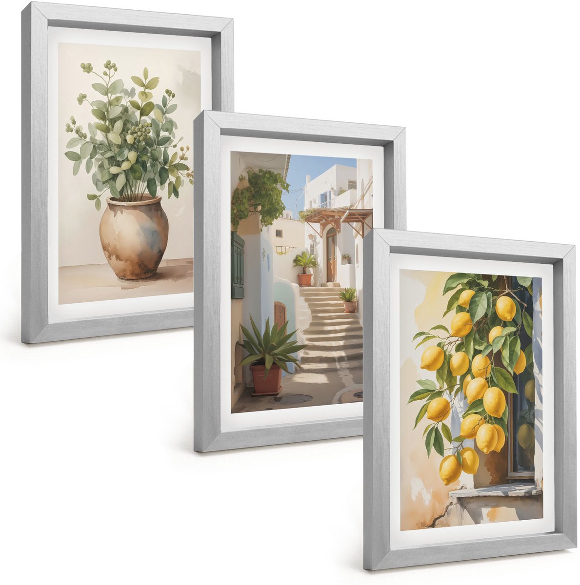 Tulup 4-Delige Schilderij Set - Potplanten en citroenen tegen de achtergrond van een straat. - 20 x 30 cm - Decoratieve Schilderijen - Woonkamer - Interieur - Moderne Wanddecoratie