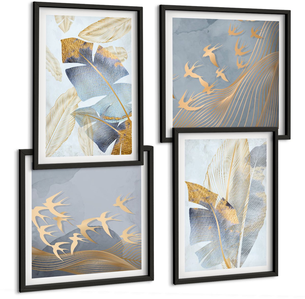 Tulup 4-Delige Schilderij Set - Bladeren in blauwe en beige tinten op een lichte achtergrond. - 40 x 40 cm en 40 x 60 cm - Stijlvolle Muurdecoratie - Kantoor