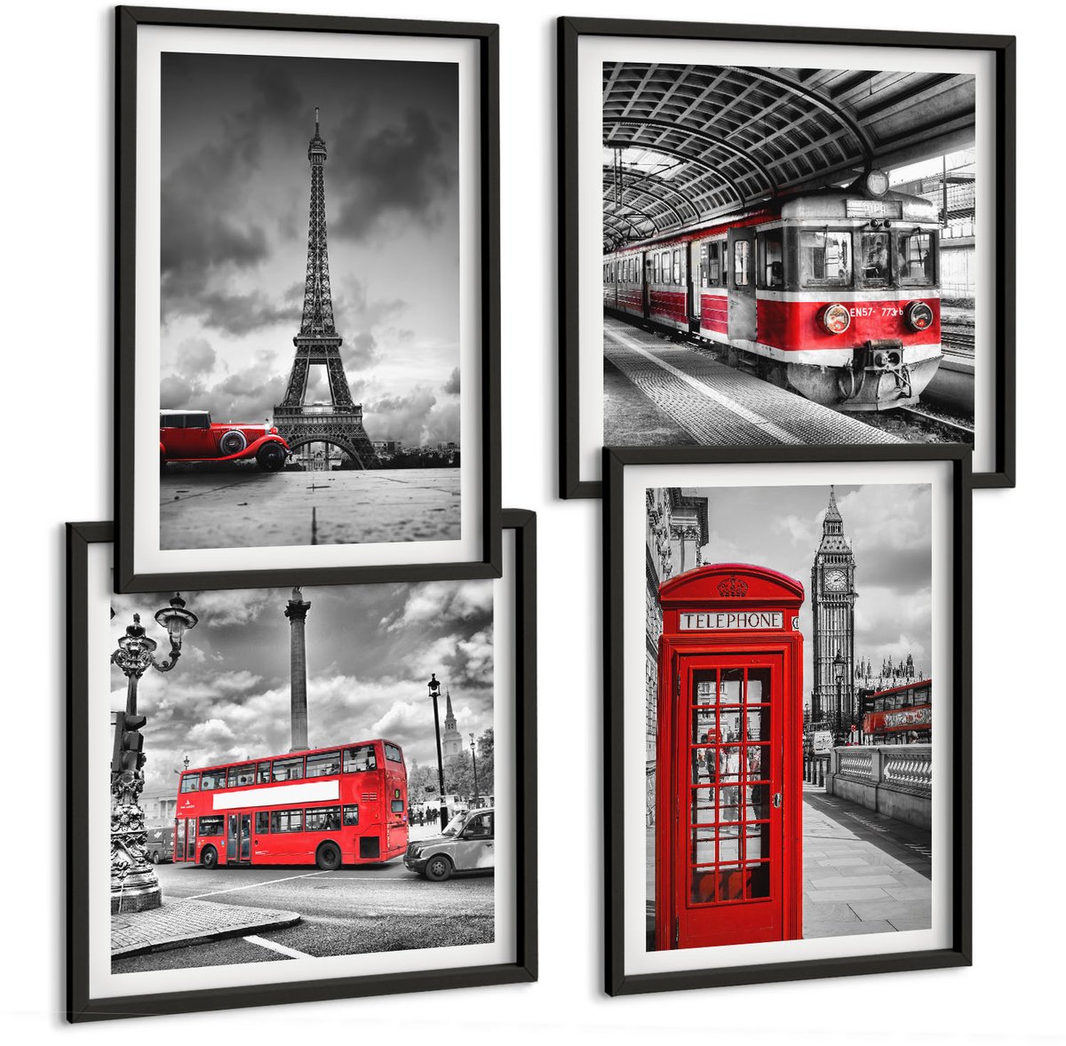 Tulup 4-Delige Schilderij Set - Iconische steden: Londen, Parijs en het spoorvervoer - 40 x 40 cm en 40 x 60 cm - Moderne Wanddecoratie - Slaapkamer - Decoratieve Schilderijen