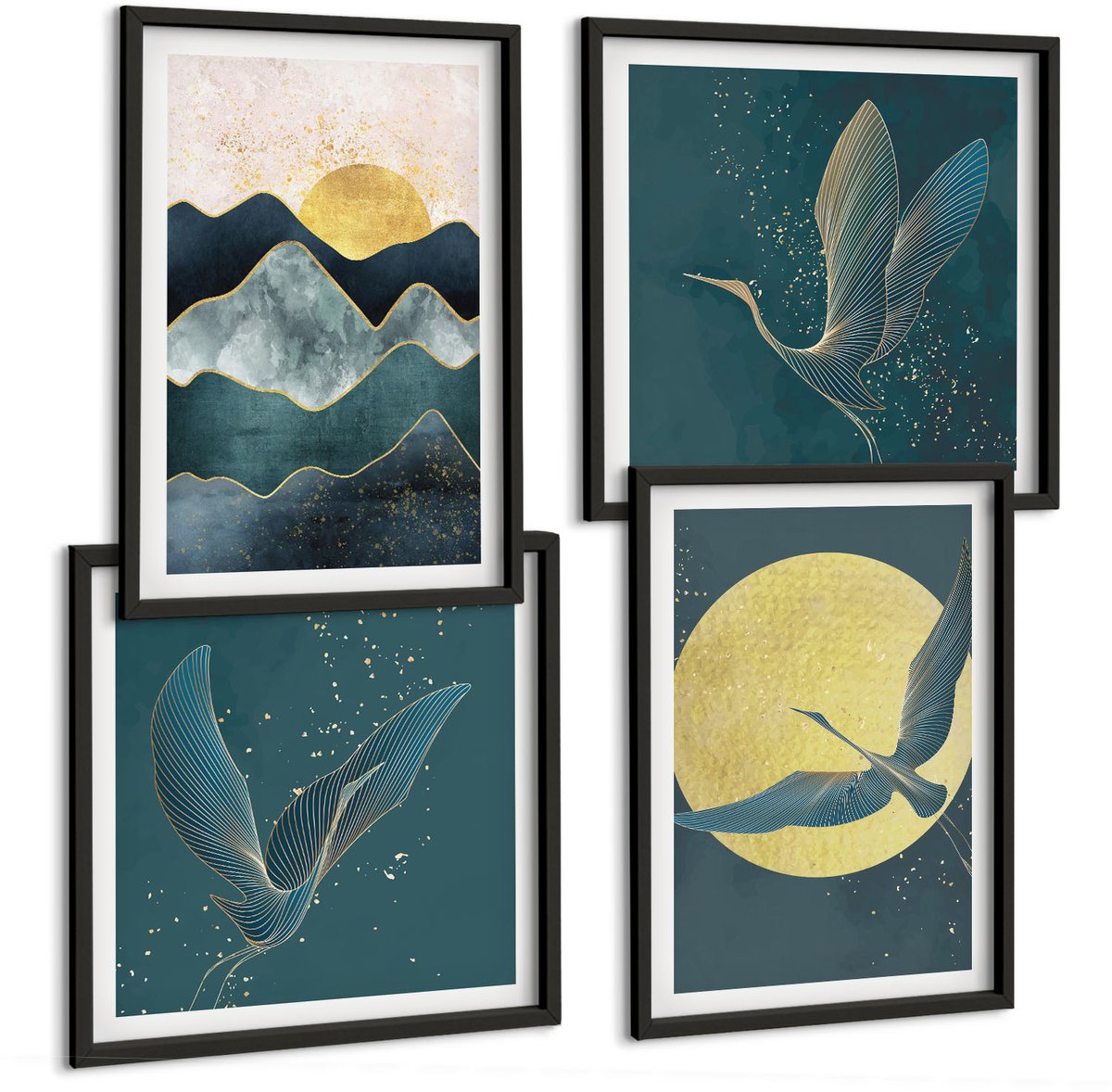 Tulup 4-Delige Schilderij Set - Vogels, kraanvogels in vlucht, maan, sterren en berglandschap - 40 x 40 cm en 40 x 60 cm - Muurdecoratie - Wanddecoratie - Hal - Interieur Decoratie