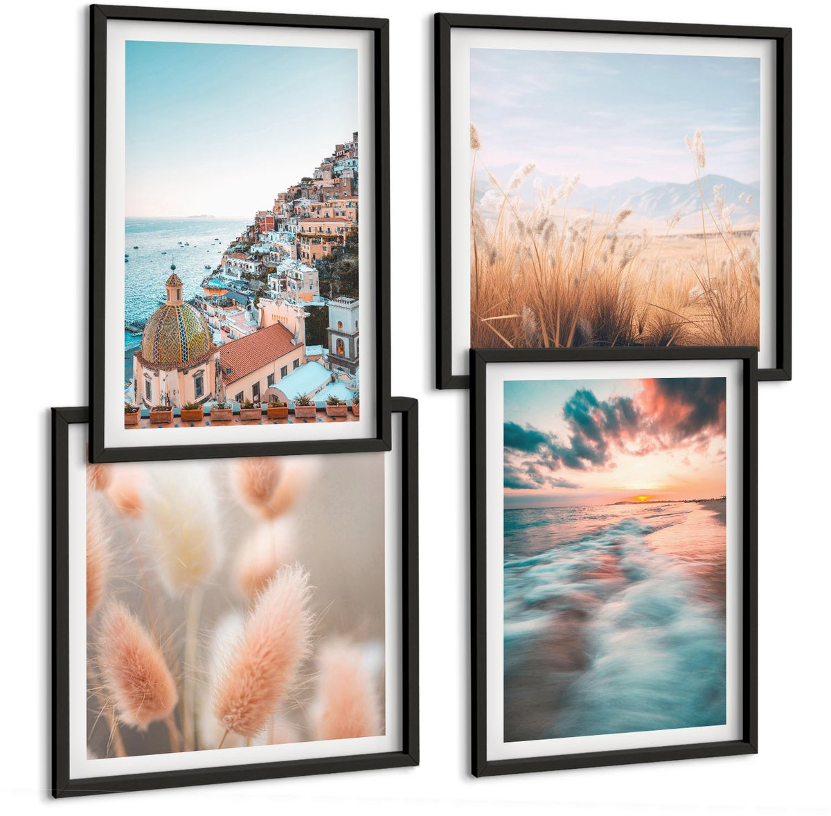 Tulup 4-Delige Schilderij Set - Uitzicht op zee, zonsondergang, kleurrijke huizen, bloemen - 40 x 40 cm en 40 x 60 cm - Wanddecoratie - Schilderijen Set - Interieur - Woonkamer Decoratie