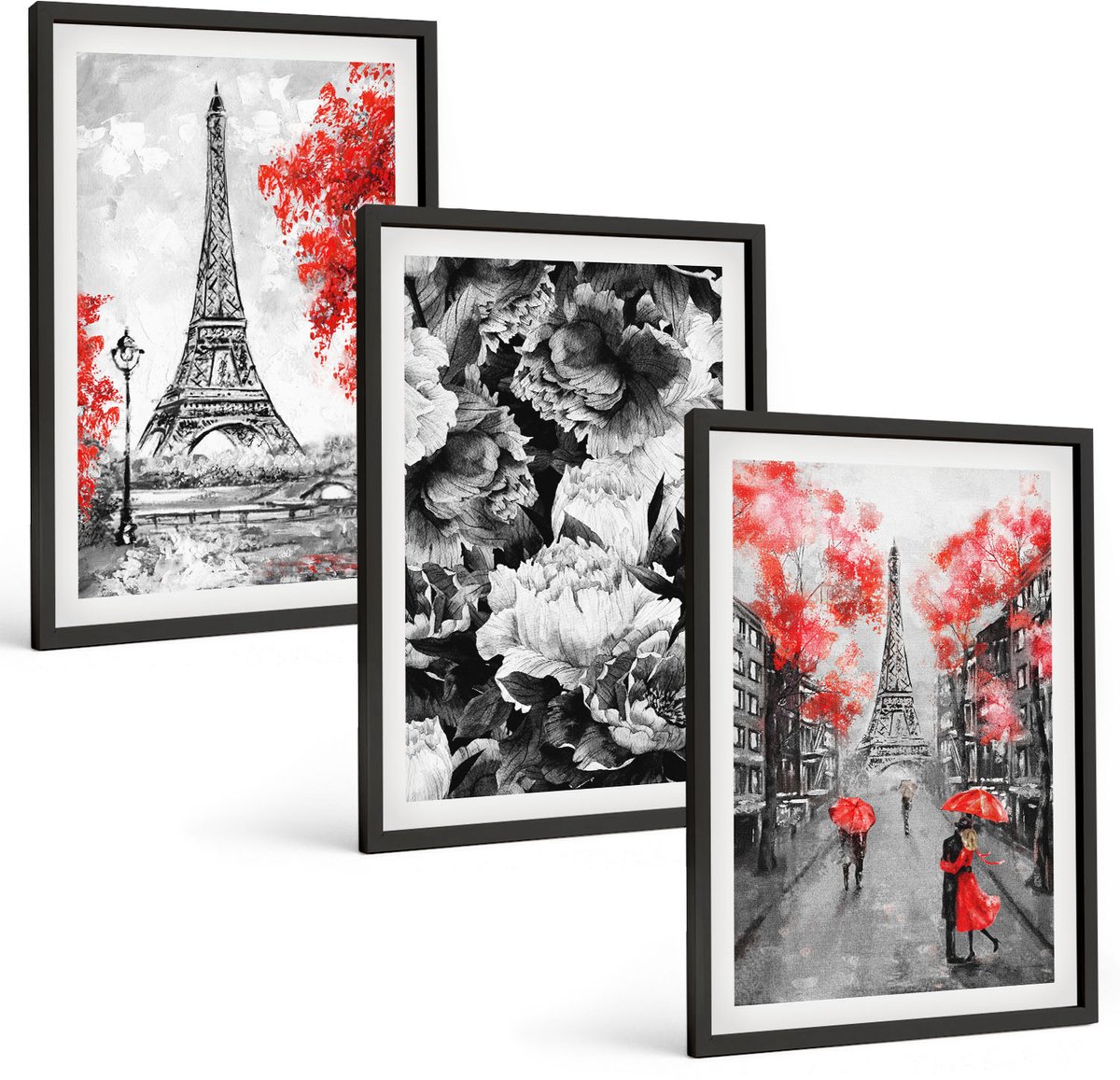 Tulup 4-Delige Schilderij Set - Eiffeltoren in grijs met rode accenten - 40 x 60 cm - Wanddecoratie - Muurdecoratie - Moderne Interieurdecoratie - Moderne Wanddecoratie