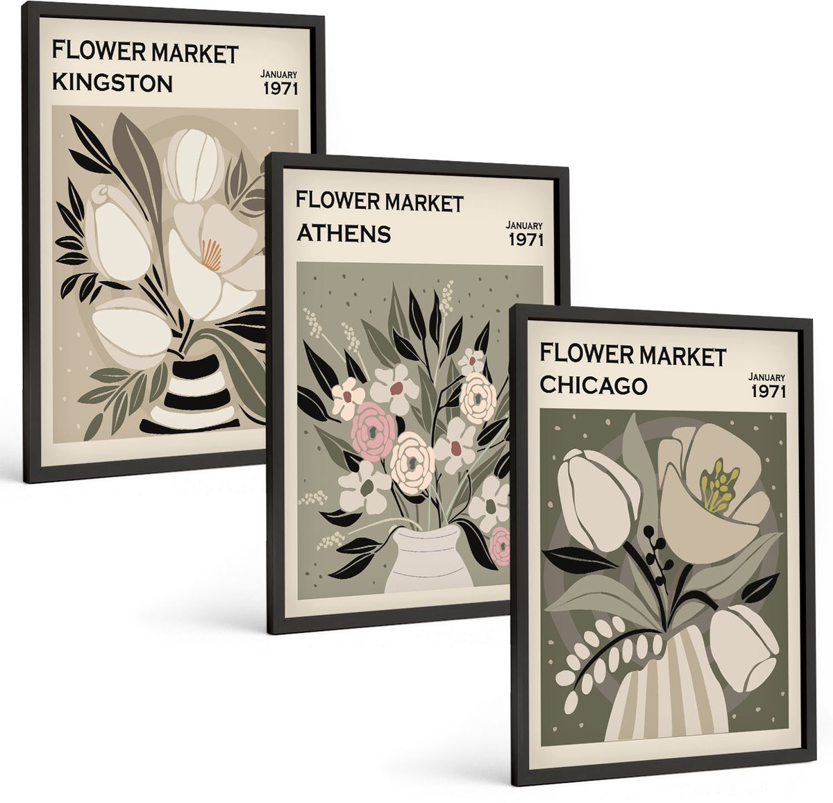 Tulup 4-Delige Schilderij Set - Bloemstukken uit verschillende steden in retrostijl - 40 x 60 cm - Decoratieve Schilderijen - Wanddecoratie - Hal - Interieur Decoratie