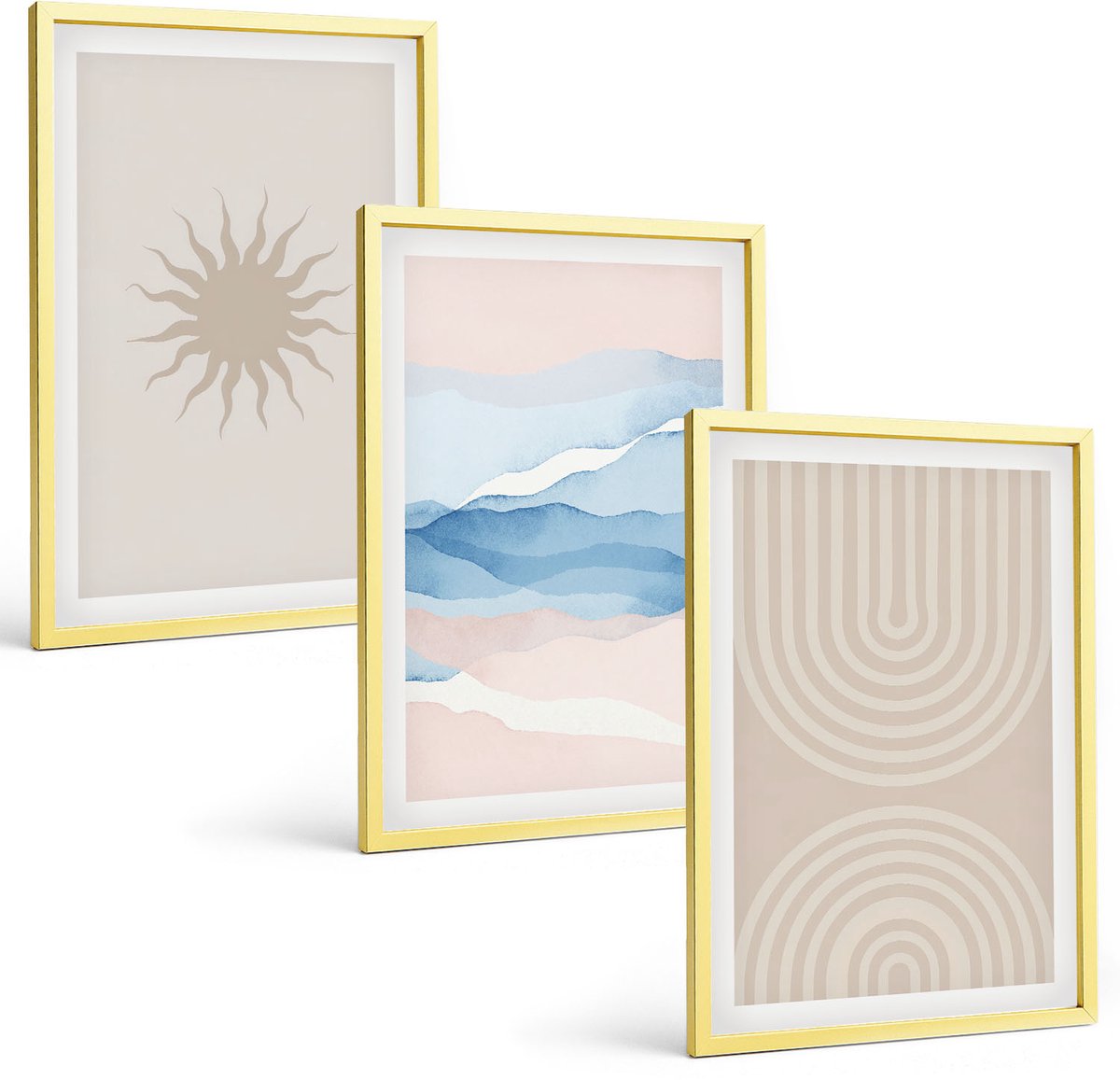 TULUP 4-Delige Schilderij Set - Zonnegolven en abstracte lijnen in pastelkleuren - 40 x 60 cm - Muurdecoratie - Interieur Decoratie - Woonkamer Decoratie Gouden lijst