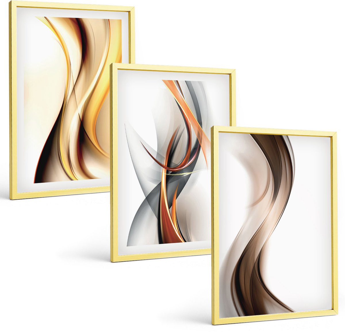 TULUP 4-Delige Schilderij Set - Golven in tinten geel, grijs en bruin. - 40 x 60 cm - Decoratieve Schilderijen - Wanddecoratie - Hal - Woonkamer Decoratie Gouden lijst
