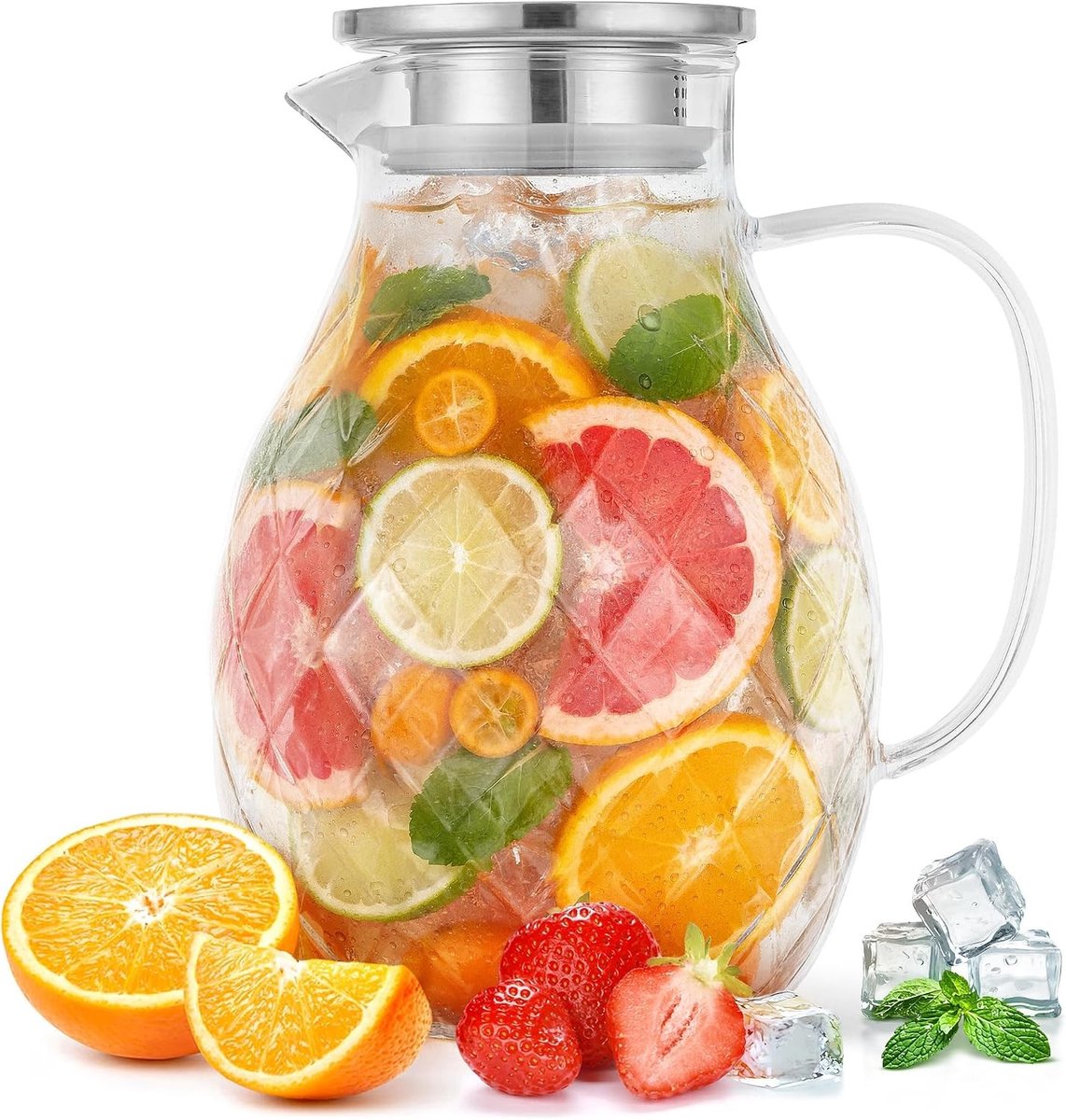 Waterjug - Helder Glas - 2 Liter - Borosilicaatglas Kan met Deksel en Handvat - Voor Warme en Koude Dranken