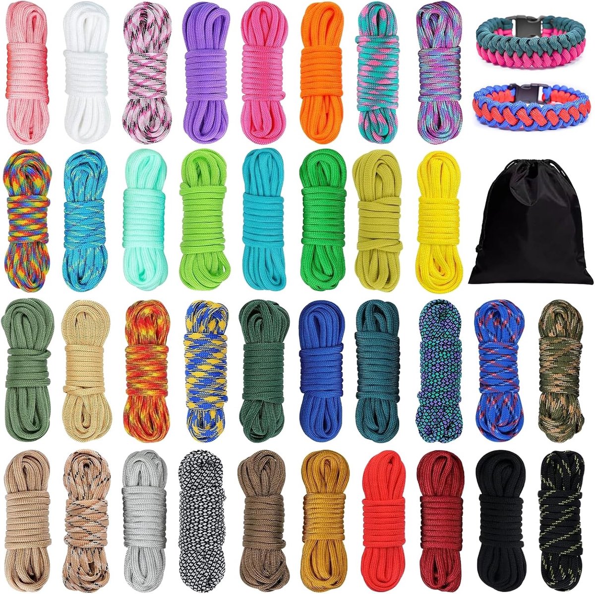 36 stuks Kleuren Paracord Koord 550 Combo Kit, 10 Voet 4mm Parachute Cord 550 Paracord Armband Touw 7 Strengen Nylon Touw Outdoor Survival Touw voor Outdoor Camping Sleutelhanger Hond Kraag DIY Crafting（Willekeurige kleur）