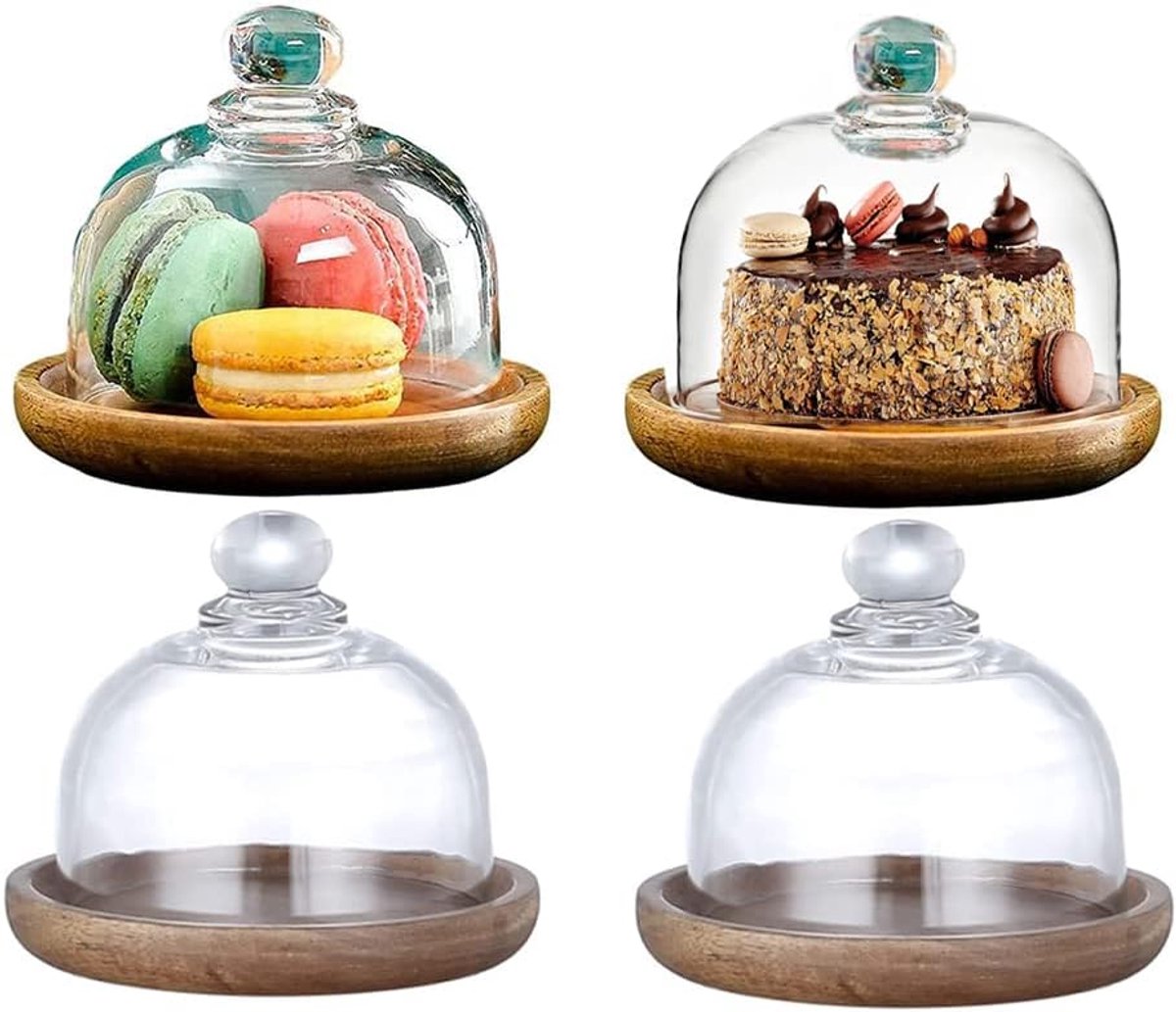 4 Pieces Cake Stand, Glass Bell with Lid, Small Cheese Bell, Cake Bell, Mini Cake Plate, Buffet, Serving Plate with - ShopVlot