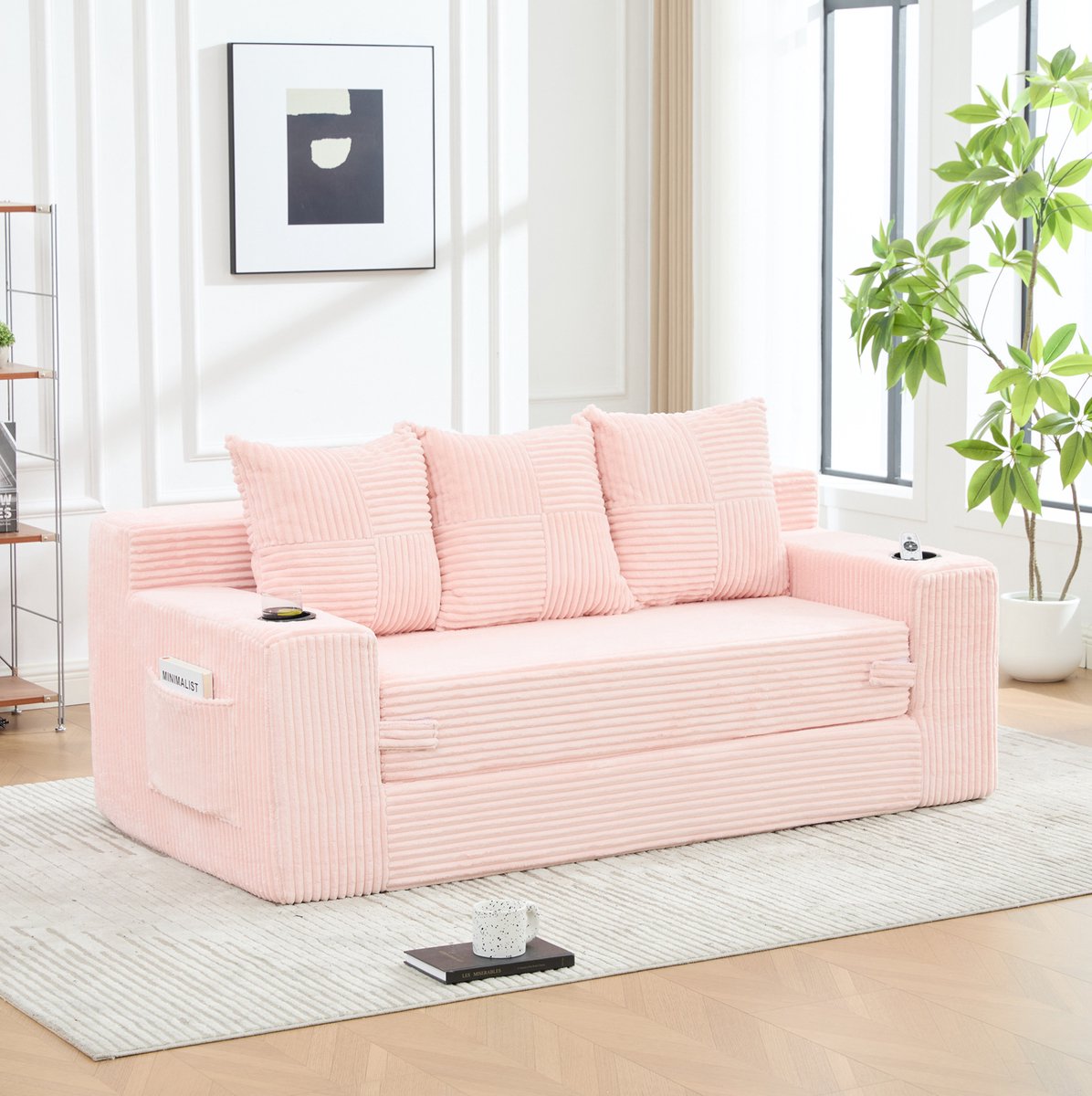 STILVORA Slaapbank 3-Zits 172 Cm - Modulair Met Drinkhouders En Zijvakken - Voor Woonkamer Studentenhuis En Kleine Ruimte - Corduroy Roze