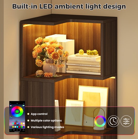 MODENUIT Hoekrek - L-Vormig Design Met LED En 2 Laden - Woonkamer En Kantoor - MDF - Bruin - 45x43,5x180 Cm — afbeelding 5