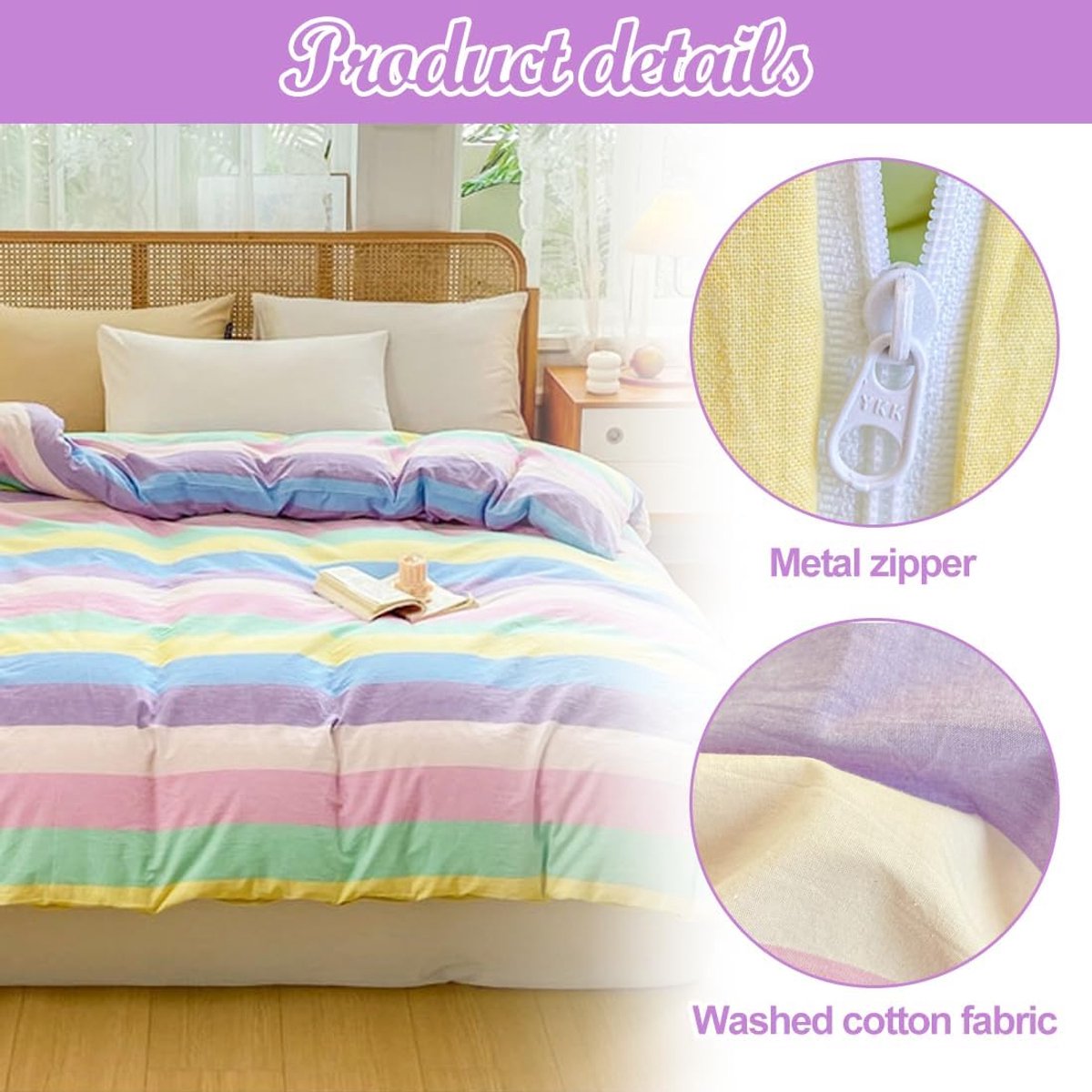 LOMUG Girls' Bed Linen, 135 x 200 cm, Colourful Rainbow Stripes Cotton Children's Bedding, Rainbow Single Duvet Cover - ShopVlot