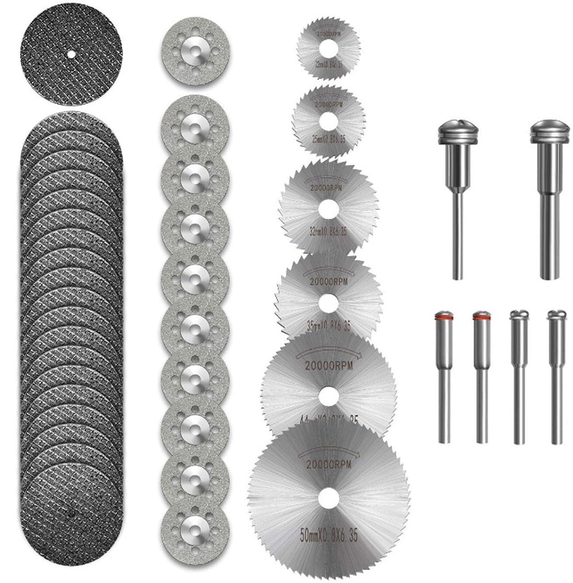 Cutting disc set for rotary tools, 32 pieces, diamond discs and HSS blades, for cutting wood, metal, plastic, stone - ShopVlot