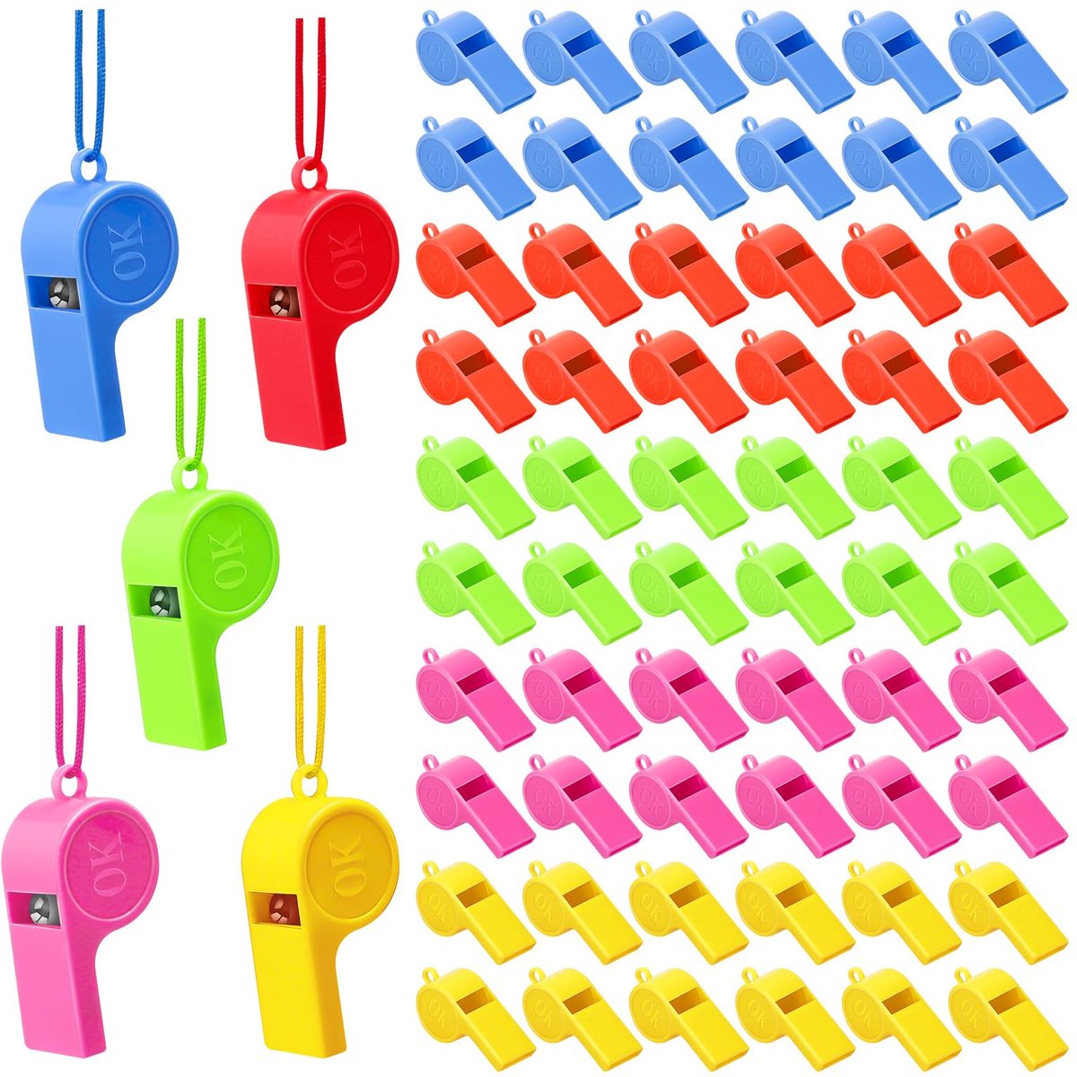 60 Stuks Plastic Fluitjes in 5 Kleuren met Lanyard