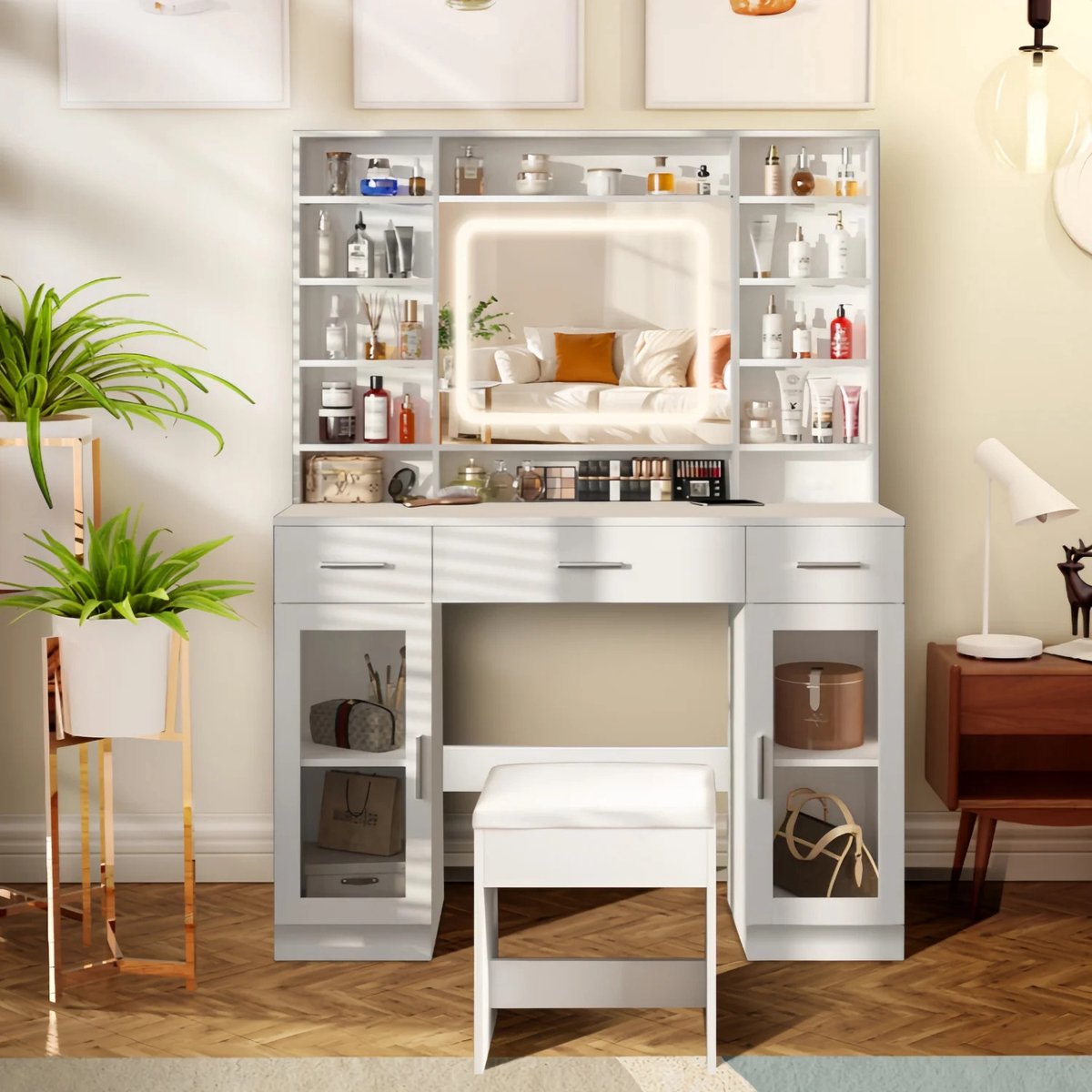 Gudalio Make Up Tafel - Kaptafel - Kast - LED spiegel - 3 Lichtkleuren - Inclusief Krukje - Opbergruimte - 110x40x140 cm - Wit