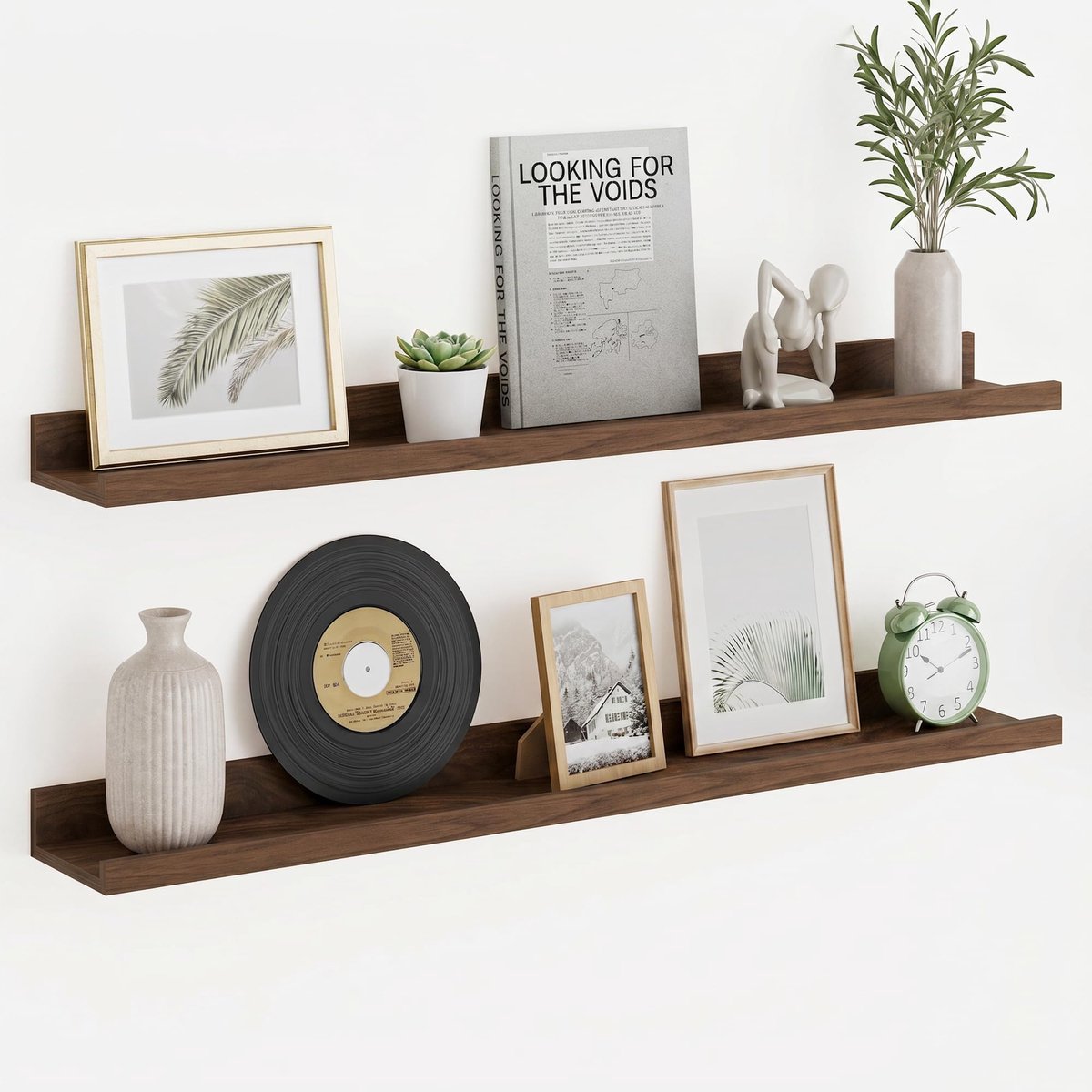 Famanu Wandplank set van 2, 80 cm, maximaal 21 kg belasting, wandrek in walnoot voor decoratie, boeken en fotolijsten, zwevend rek voor keuken en woonkamer Zwart