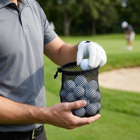 Zwarte golfbal tas middelgroot voor 25 golfballen – netstof opberg tas met trekkoord – golf ballen draag tas – golf accessoires voor heren en dames — afbeelding 2