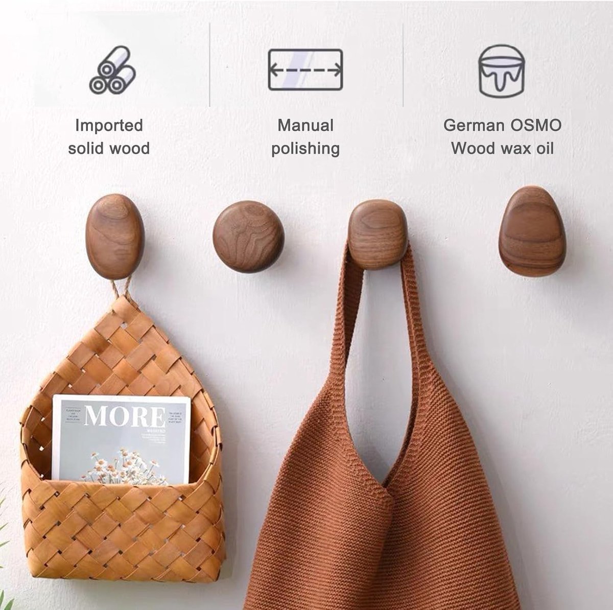 Houten kapstokhaken - 4 stuks - walnoot en beuken - minimalistisch design - ideaal voor jassen en sjaals - ShopVlot