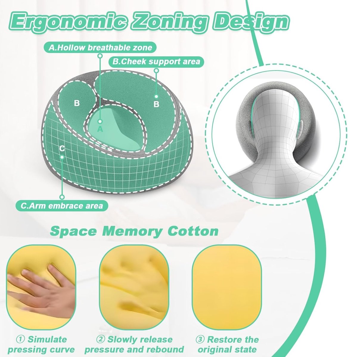 Massagekussen - Grijs - 26 x 13 x 6 cm - U-vormig Gezichtskussen van Memory Foam - Voor Massages en Schoonheidsbehandelingen