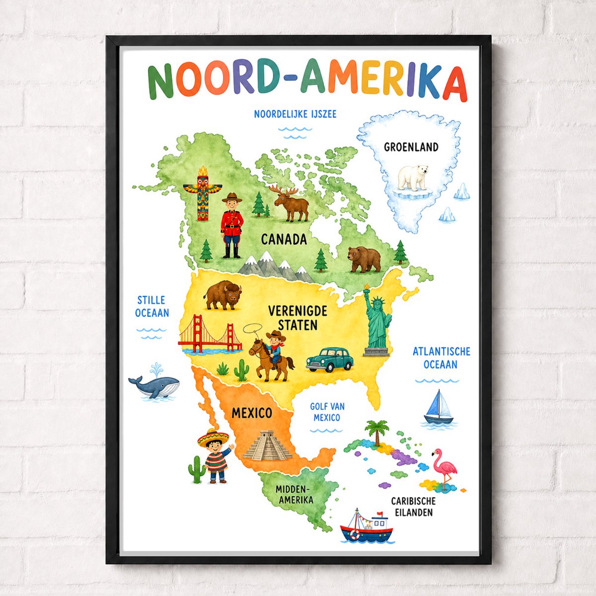 Noord-Amerika Educatieve Poster voor Kinderen - Leren - groep 4 t/m 8 (7-12 jaar) - A2+ 43,2 x 61 cm