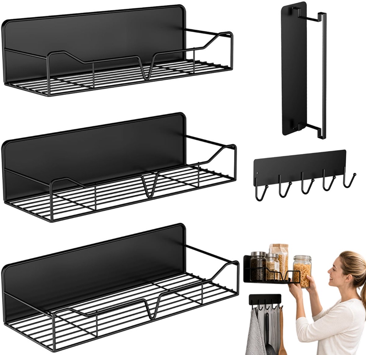Magnetisch Keukenrek Hangend - Magnetisch Opbergrek Voor koelkast Zijwand - Kruidenrek Ophangbaar met Haakjes - 5 Stuks - Uitgehold Ontwerp - Organizer Keuken - Voor Kruiden & Koffie & Kleine Spullen