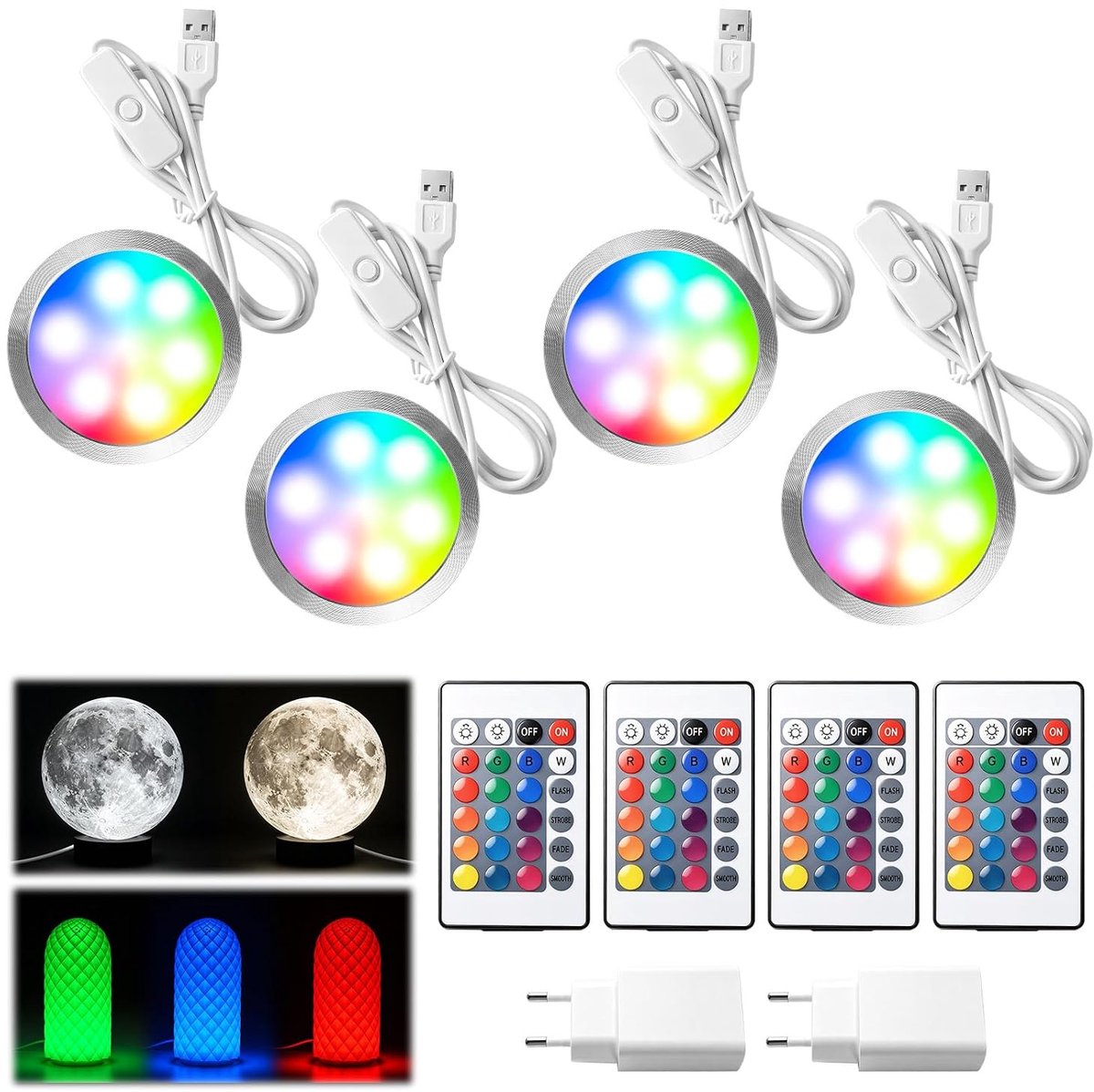 4 stuks RGB led-lampenset 001 voor Bambu Lab, 16 kleuren led-lichtkit met 4 afstandsbedieningen en 2 stekkers - ShopVlot
