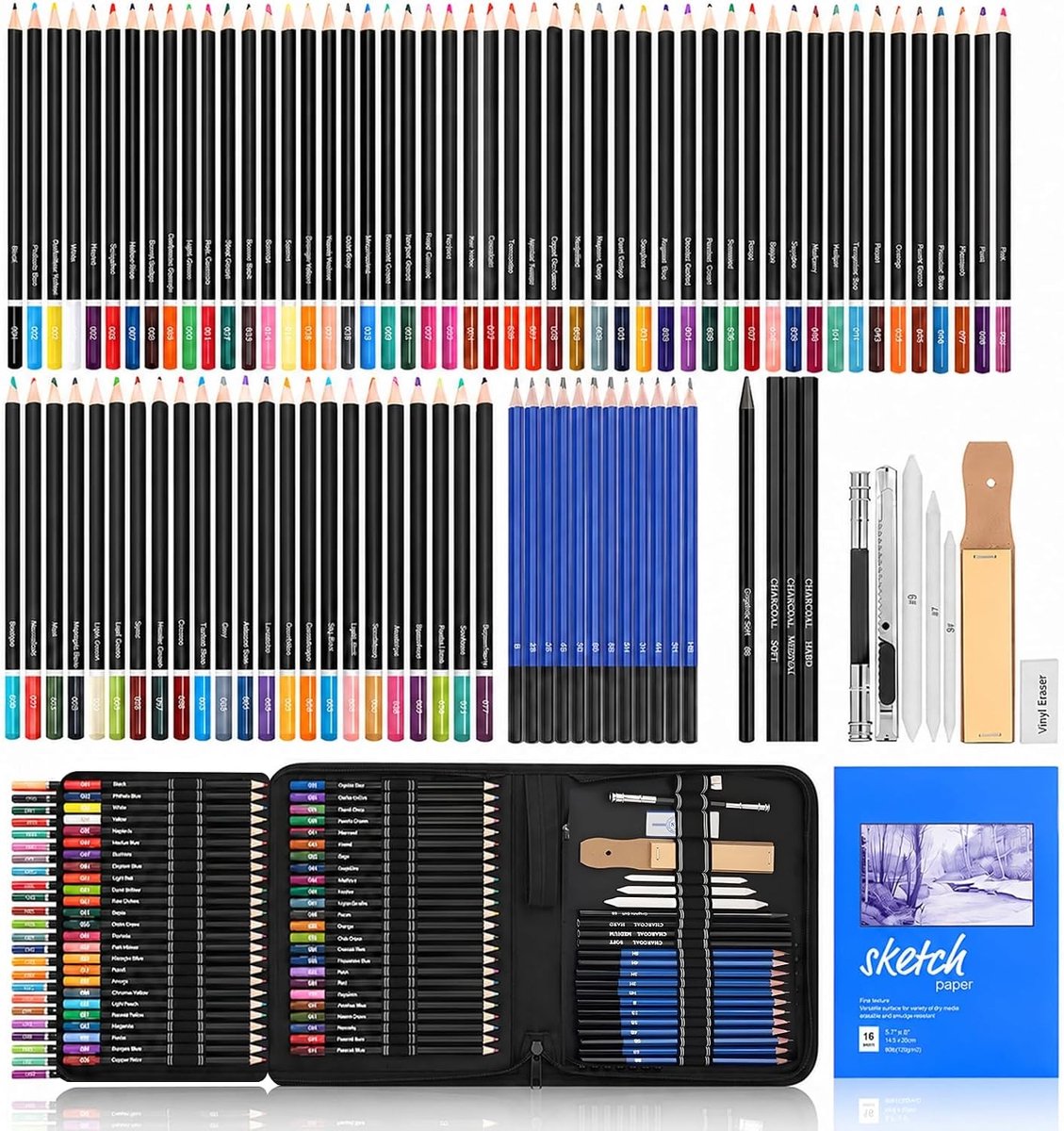 Tekenset - Zwart - 96 Stuks - Kunstenaarsset met Kleur- en Tekenpotloden - Voor Kinderen en Volwassenen
