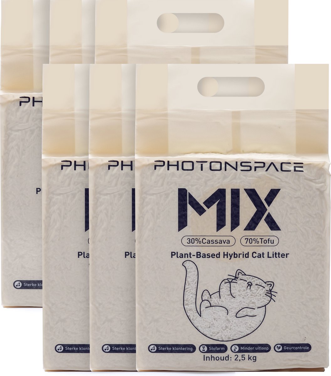 Photonspace Tofu Kattenbakvulling – 70% Tofu & 30% Cassava – 6 × 6 L (36 L=15kg totaal) – Klontvormend – Anti-aanbak – Geschikt voor Automatische Kattenbakken - Origineel