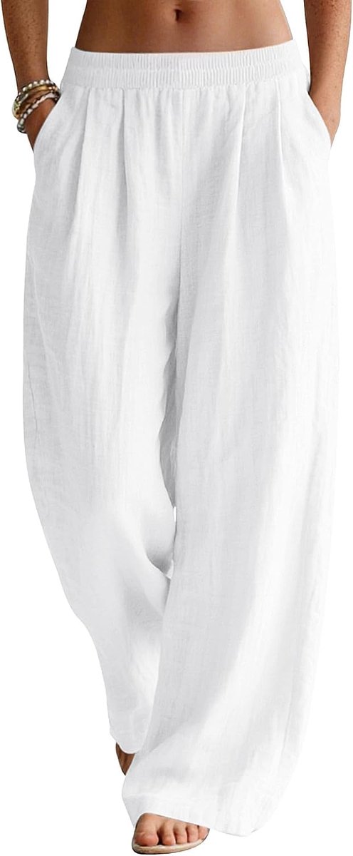 Cegerne Linen Pants Women Summer Wide Leg Solid Color Elegant Beach Leisure Light With Pockets - ShopVlot