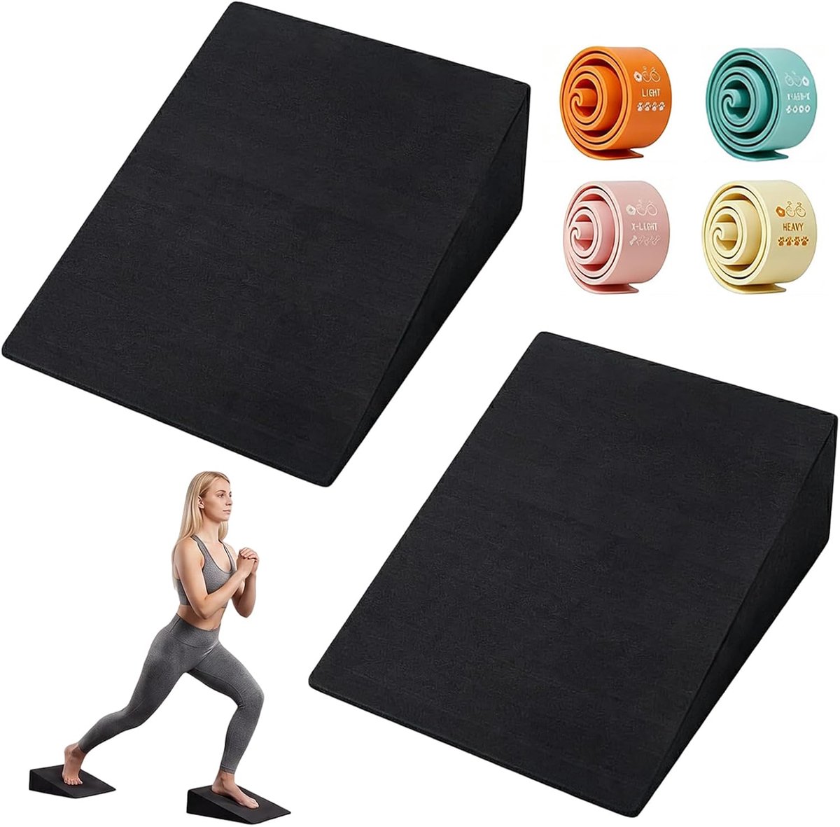 Set van 2 kuitstretchers, squat wedge, kuitstrekkers, verstelbare kniebuighelling, yogablokken, met 5 fitnessbanden - ShopVlot