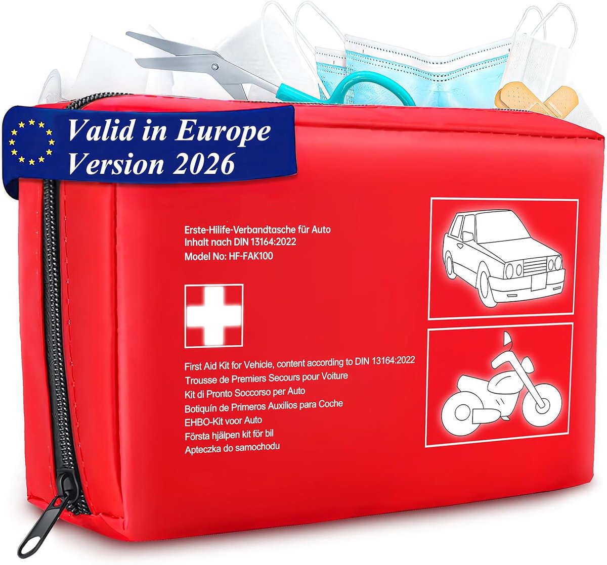EHBO-kit voor auto – Complete first aid set volgens DIN 13164:2023 voor auto, vrachtwagen, caravan en thuis – 22x14x6 cm