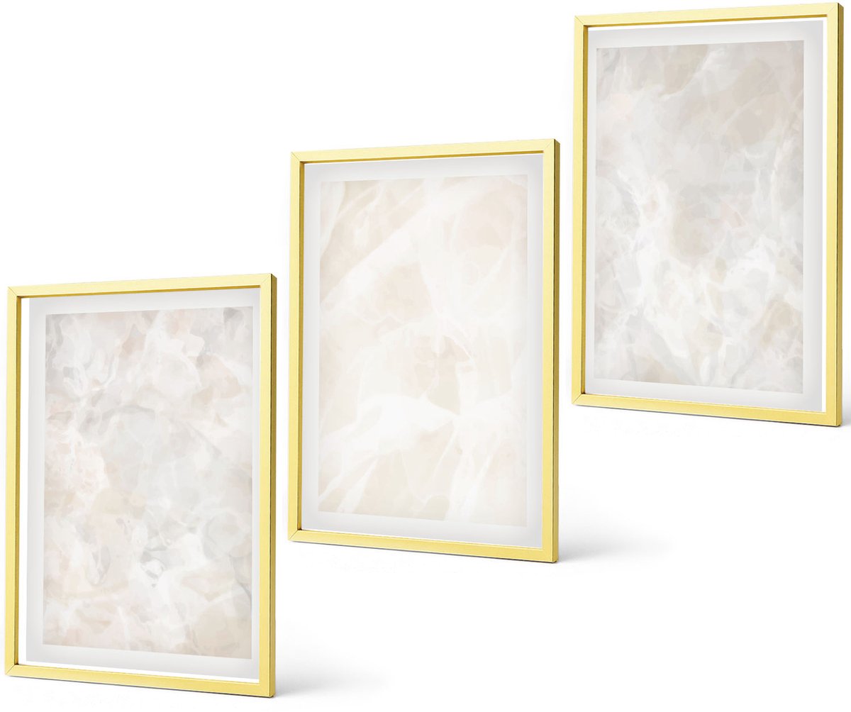 Coloray 3-Delige Schilderij Set - Pastelkleurige Stenen Structuren Van Wit Marmer - 40 x 40 cm En 40 x 60 cm - Stijlvolle Muurdecoratie - Kantoor - Interieur Decoratie