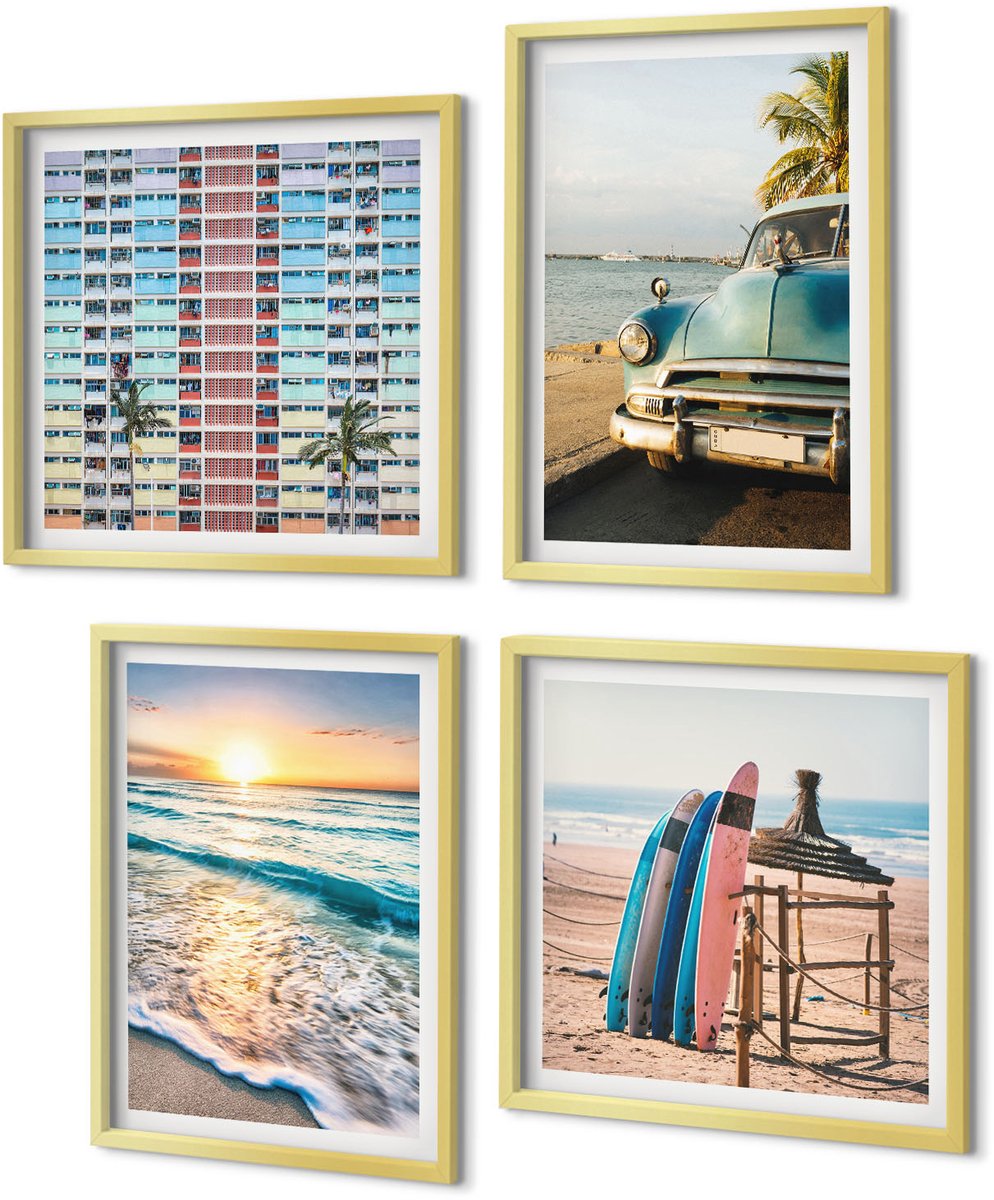 Coloray 4-Delige Schilderij Set - Vakantie in Miami met uitzicht op de zonsondergang en zee - 40 x 40 cm en 40 x 60 cm - Wanddecoratie - Schilderijen Set - Kantoor - Woonkamer Decoratie
