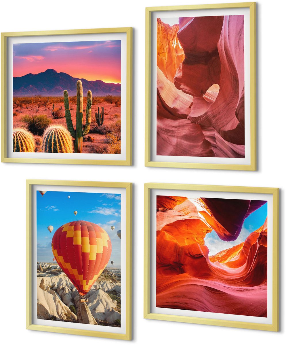 Coloray 4-Delige Schilderij Set - Woestijnklooflandschappen en ballonvaart - 40 x 40 cm en 40 x 60 cm - Wanddecoratie - Muurdecoratie - Moderne Interieurdecoratie - Woonkamer Decoratie