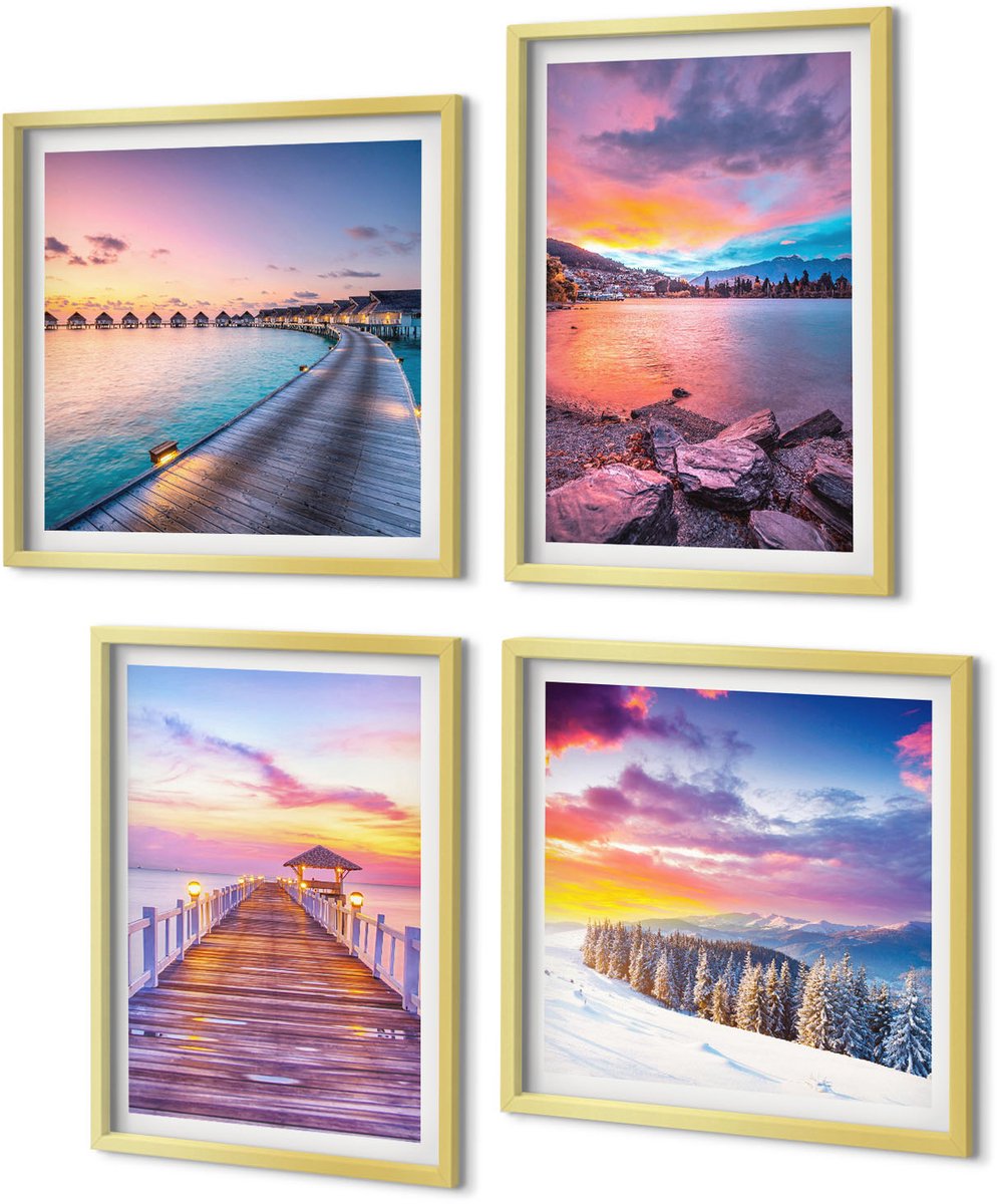 Coloray 4-Delige Schilderij Set - Winters berglandschap met een aanlegsteiger aan het meer. - 40 x 40 cm en 40 x 60 cm - Muurdecoratie - Decoratieve Schilderijen - Wohnzimmer