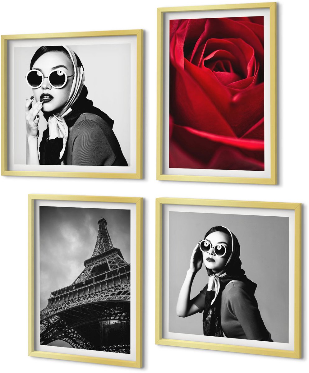 Coloray 4-Delige Schilderij Set - Parijse vrouw met bril, roos en Eiffeltoren - 40 x 40 cm en 40 x 60 cm - Stijlvolle Muurdecoratie - Slaapkamer - Moderne Wanddecoratie