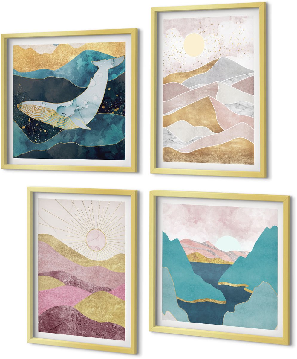 Coloray 4-Delige Schilderij Set - Abstracte landschappen met bergen en zon - 40 x 40 cm en 40 x 60 cm - Muurdecoratie - Wanddecoratie - Slaapkamer - Moderne Wanddecoratie