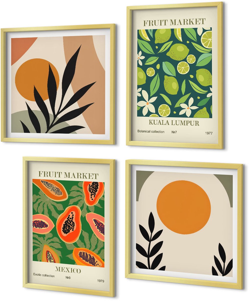 Coloray 4-Delige Schilderij Set - Boho fruitpatronen papaja's limoenen - 40 x 40 cm en 40 x 60 cm - Muurdecoratie - Interieur Decoratie - Decoratieve Schilderijen