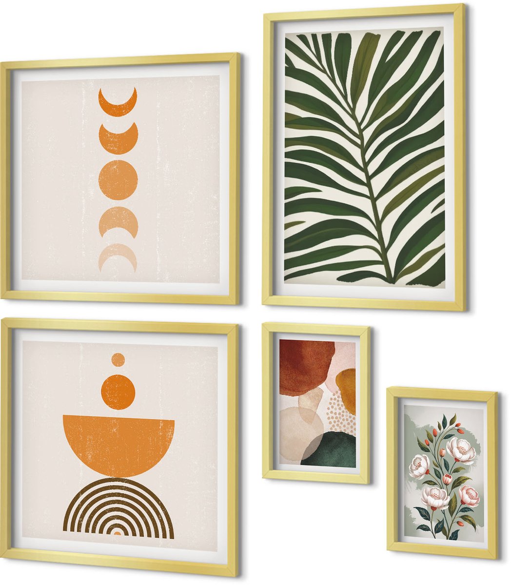 Coloray 5-Delige Schilderij Set - Bloemenpatronen En Abstracte Vormen In Boho-Stijl - 50 x 50 cm, 20 x 30 cm En 40 x 60 cm - Wanddecoratie - Muurdecoratie - Woonkamer - Interieur Decoratie