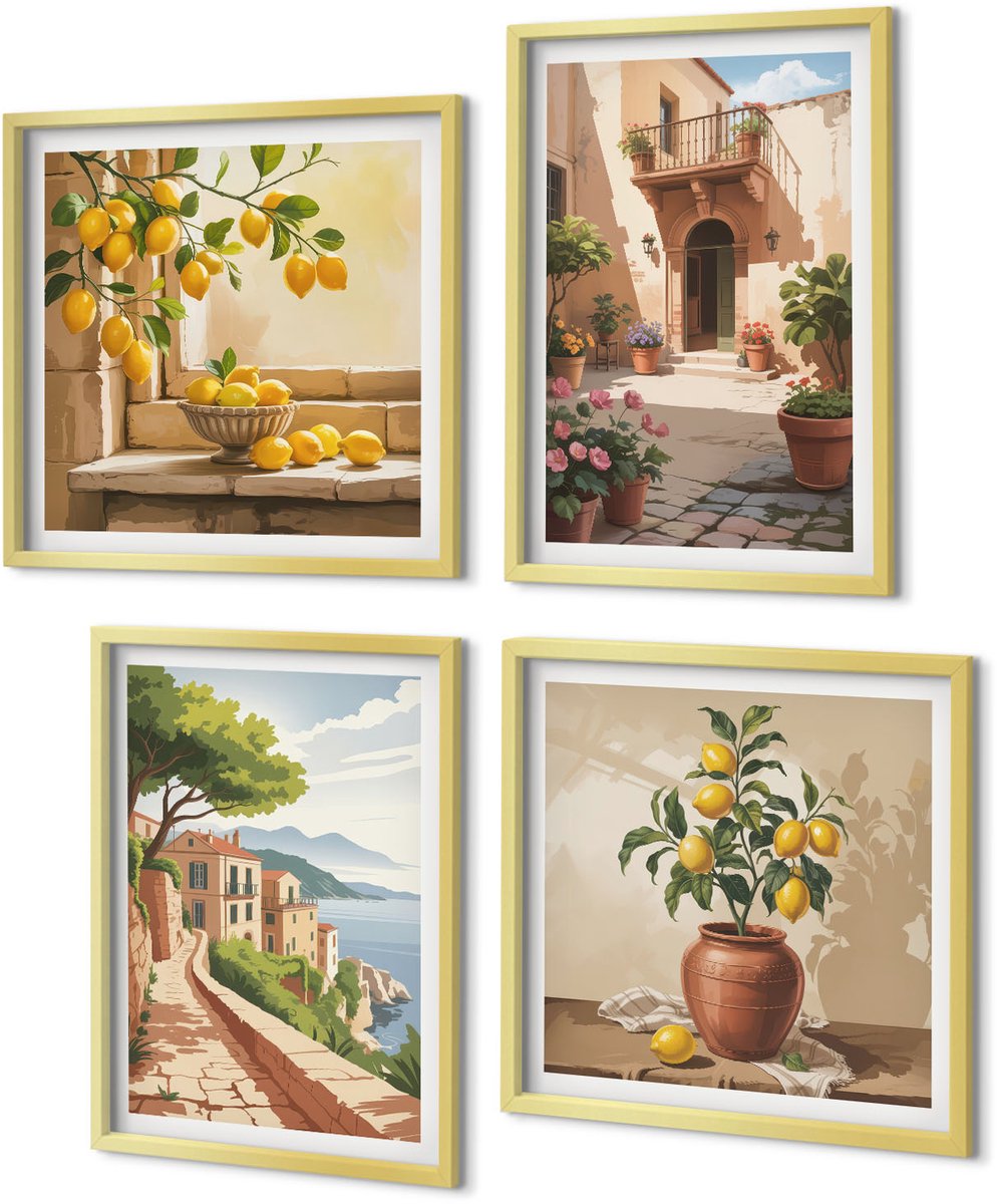 Coloray 4-Delige Schilderij Set - Citrusvruchten in de keuken, uitzicht op de zee en het charmante stadje. - 40 x 40 cm en 40 x 60 cm - Muurdecoratie - Wanddecoratie - Slaapkamer - Stijlvolle Muurdecoratie