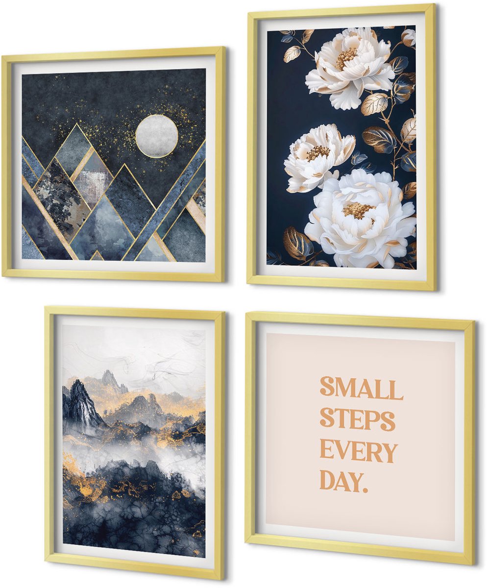 Coloray 4-Delige Schilderij Set - Abstracte bergen, bloemen en inspirerende letters - 40 x 40 cm en 40 x 60 cm - Wanddecoratie - Muurdecoratie - Moderne Interieurdecoratie