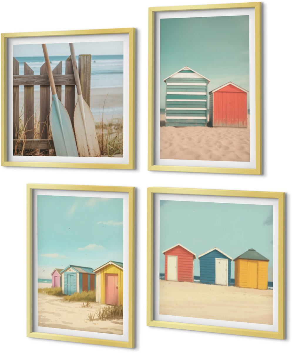 Coloray 4-Delige Schilderij Set - Kleurrijke strandhuisjes in de zomerzon - 40 x 40 cm en 40 x 60 cm - Wanddecoratie - Schilderijen Set - Interieur - Moderne Wanddecoratie