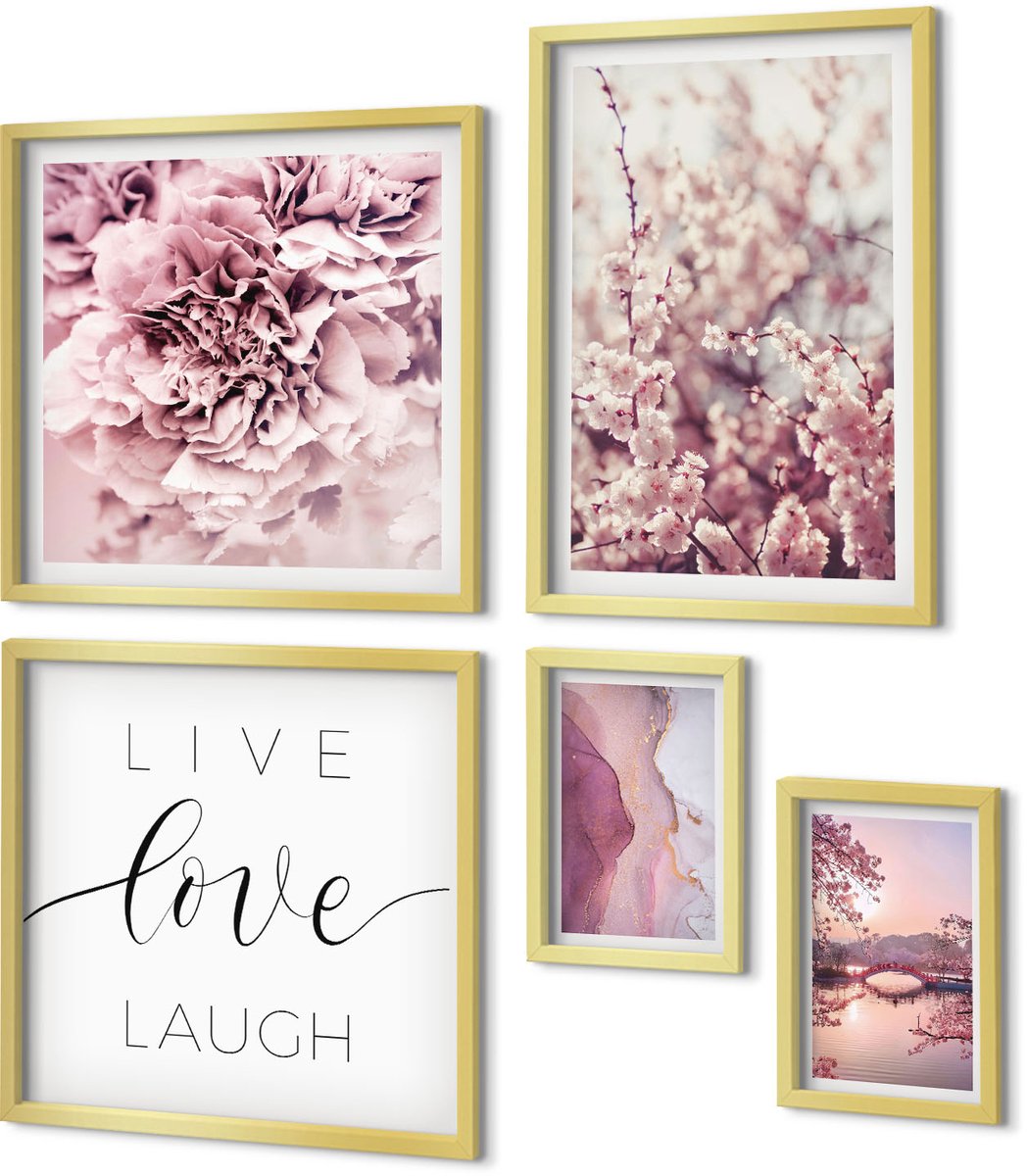 Coloray 5-Delige Schilderij Set - Bloemmotieven Met Inspirerende Slogans In Pasteltinten - 50 x 50 cm, 20 x 30 cm En 40 x 60 cm - Muurdecoratie - Decoratieve Schilderijen - Wohnzimmer - Wanddecoratie