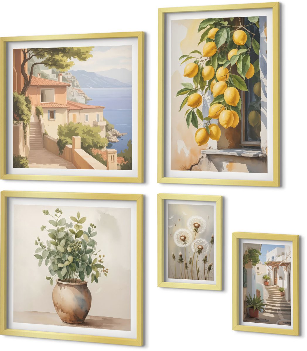 Coloray 5-Delige Schilderij Set - Citrusaccenten En Botanische Motieven In Mediterrane Stijl - 50 x 50 cm, 20 x 30 cm En 40 x 60 cm - Decoratieve Muurdecoratie - Slaapkamer - Wanddecoratie