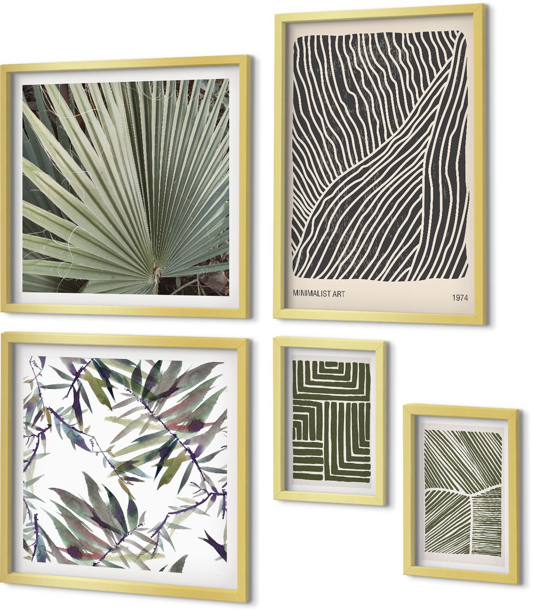 Coloray 5-Delige Schilderij Set - Plantenpatronen In Een Minimalistische Stijl Voor Interieurs - 50 x 50 cm, 20 x 30 cm En 40 x 60 cm - Stijlvolle Wanddecoratie - Interieur - Muurdecoratie