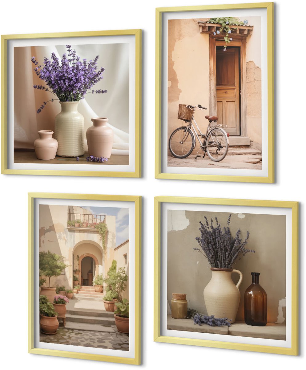 Coloray 4-Delige Schilderij Set - Lavendelbloemen, olijven en Italiaanse architectuur - 40 x 40 cm en 40 x 60 cm - Decoratieve Muurdecoratie - Slaapkamer - Woonkamer Decoratie