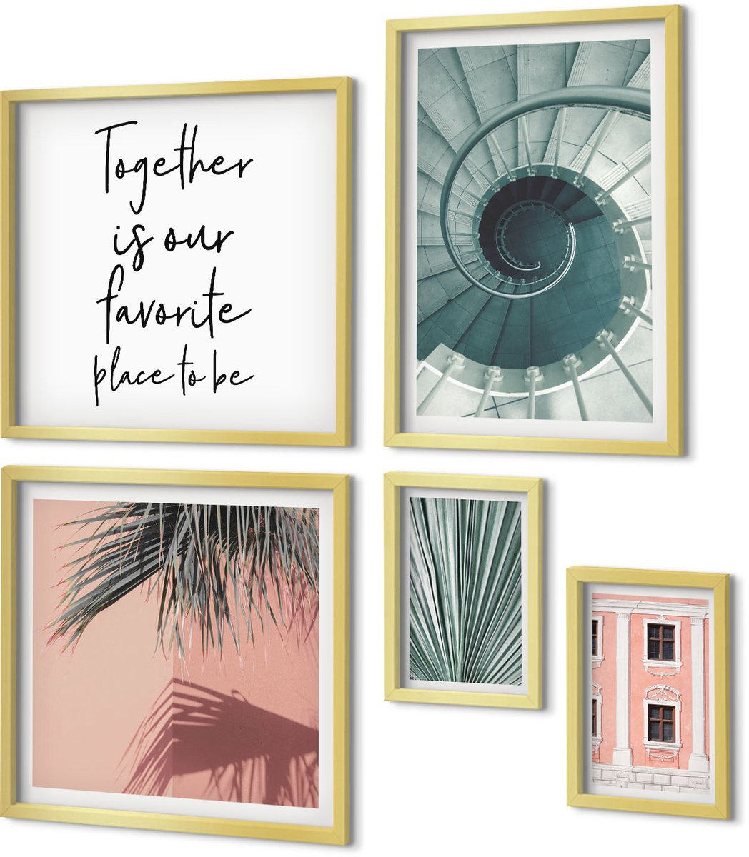 Coloray 5-Delige Schilderij Set - Stijlvolle Interieurs Met Geometrische Patronen En Planten. - 50 x 50 cm, 20 x 30 cm En 40 x 60 cm - Muurdecoratie - Schilderijen Set - Woonkamer - Stijlvolle Muurdecoratie