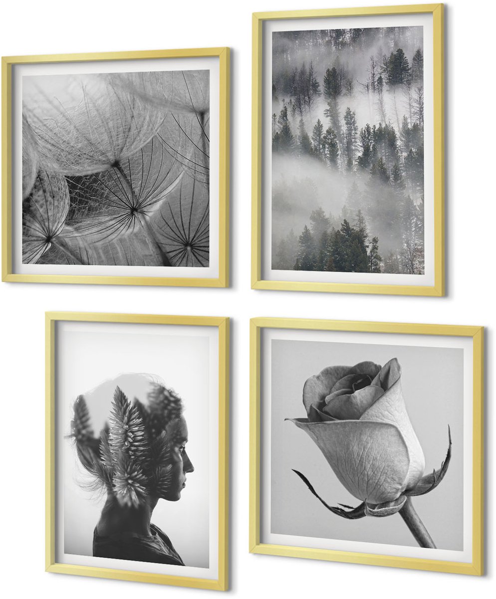Coloray 4-Delige Schilderij Set - Melancholisch bos in de mist Portret van een vrouw Planten - 40 x 40 cm en 40 x 60 cm - Wanddecoratie - Schilderijen Set - Interieur - Stijlvolle Muurdecoratie