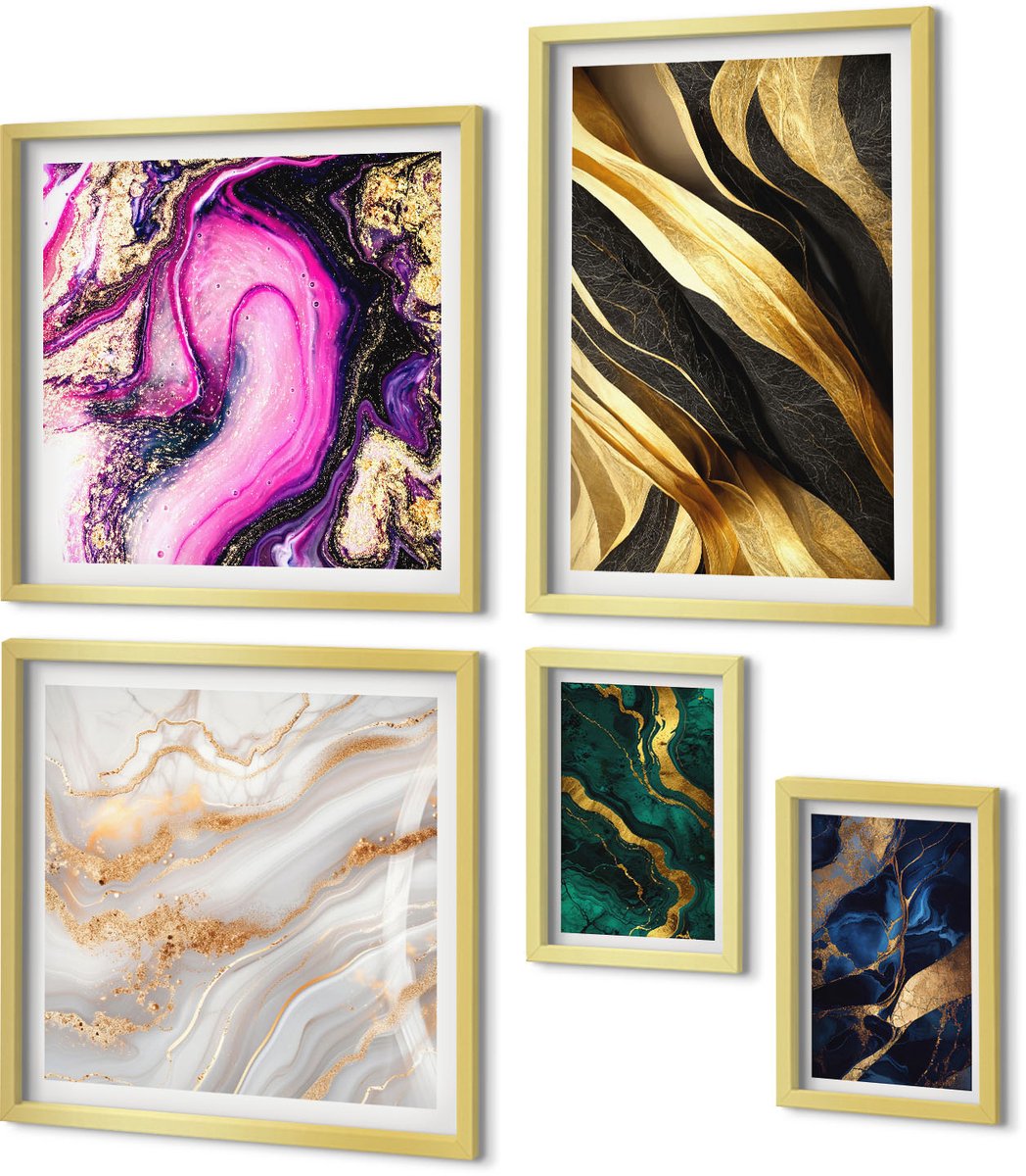 Coloray 5-Delige Schilderij Set - Abstracte Patronen In Een Moderne Stijl Met Metallic Accenten - 50 x 50 cm, 20 x 30 cm En 40 x 60 cm - Muurdecoratie - Wanddecoratie - Slaapkamer - Stijlvolle Muurdecoratie