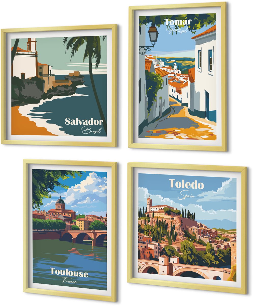 Coloray 4-Delige Schilderij Set - Grafische afbeeldingen van beroemde steden in retrostijl - 40 x 40 cm en 40 x 60 cm - Stijlvolle Wanddecoratie - Interieur - Woonkamer Decoratie